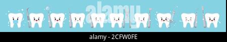 Cute happy tooth with mask and dental tools icons set isolated on blue background. Stock Vector