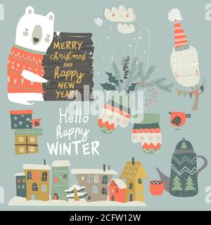 Cartoon set with animals and Christmas elements Stock Vector