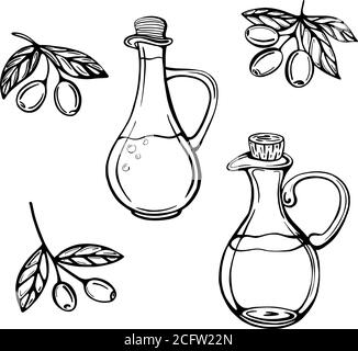 set of olive branches and olive oil bottles Stock Vector