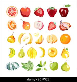 Rainbow fruits vector set isolated. Whole chopped strawberry, banana pear orange apple. Fruits collection hand drawn Stock Vector