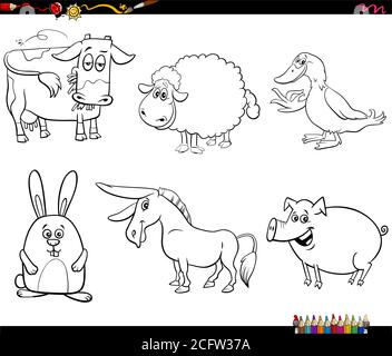 Black and White Cartoon Illustration of Funny Farm Animal Characters Set Coloring Book Page Stock Vector