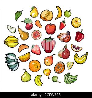 Rainbow fruits vector set isolated. Whole chopped strawberry, banana pear orange apple. Fruits collection hand drawn Stock Vector