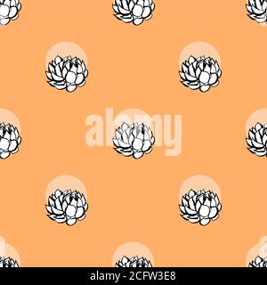 Cactus flower seamless vector pattern. Vector hand drawn orange succulent cactus illustration. Seamless plant wallpaper. Stock Vector