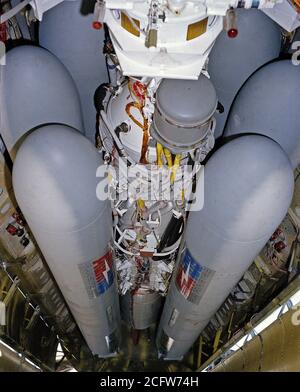 1979 - A close-up view of AGM-109 Tomahawk air-launched cruise missile mounted on a rotary missile launcher in the bomb bay of a B-52 Stratofortress aircraft. Stock Photo