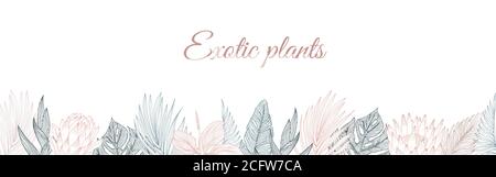 Tropical flowers border pattern in sketch style on white background. Background with hibiscus, protea, magnolia, palm leaves. Stock Vector