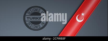 Designed in Turkey stamp & Turkish flag. Stock Photo