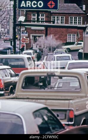 Solid Lines of Cars Such as This Scene in Portland, Resulted in a First-Come, First-Served Limit of Five Gallons Per Customer Shortly Thereafter Oregon Went to a System of Dispensing Gas According to License Numbers 12/1973 Stock Photo