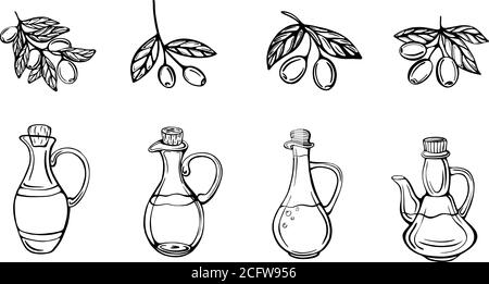 set of olive branches and olive oil bottles  Stock Vector