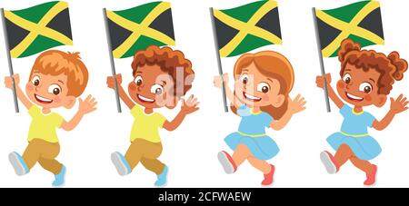 Jamaica flag in hand. Children holding flag. National flag of Jamaica vector Stock Vector