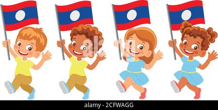 Laos flag in hand. Children holding flag. National flag of Laos vector Stock Vector