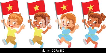 Vietnam flag in hand. Children holding flag. National flag of Vietnam vector Stock Vector