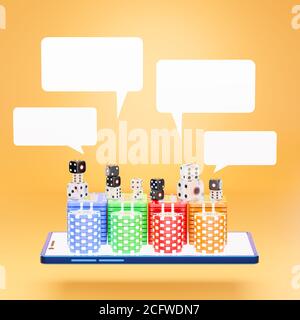 The dice and gambling stacking on the blue mobile phone screen and a blank white text box on an orange background. The concept of online casino gambli Stock Photo