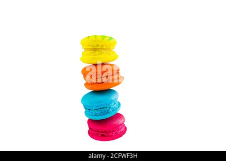 Sweet and colourful french macaroons or macaron  isolated on white background.Saved with clipping path. Stock Photo