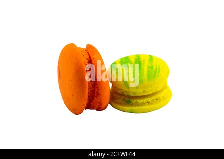 Sweet and colourful french macaroons or macaron  isolated on white background.Saved with clipping path. Stock Photo