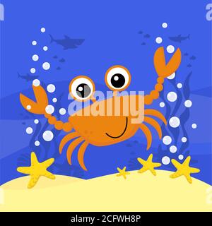 cute baby crab cartoon illustration with bubbles and under the sea background. Design for baby and child Stock Vector