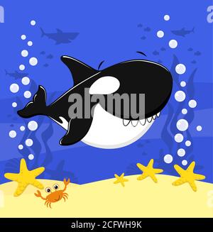 cute baby killer whale cartoon illustration with bubbles and under the sea background. Design for baby and child Stock Vector
