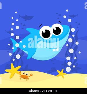 cute baby shark cartoon illustration with bubbles and under the sea background. Design for baby and child Stock Vector