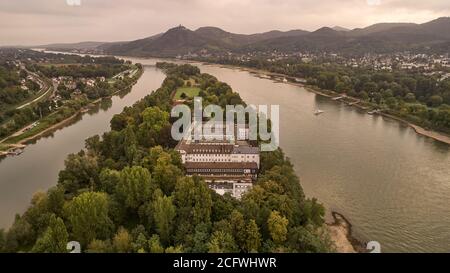 Remagen, Germany. 27th Aug, 2020. The Gymnasium Nonnenwerth, a private school, is located on an island in the Rhine (aerial view with a drone) About eight percent of the approximately 522,000 students in Rhineland-Palatinate attend private schools. (to dpa 'Private schools in trend - country without school fees') Credit: Thomas Frey/dpa/Alamy Live News Stock Photo