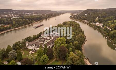 Remagen, Germany. 27th Aug, 2020. The Gymnasium Nonnenwerth, a private school, is located on an island in the Rhine (aerial view with a drone) About eight percent of the approximately 522,000 students in Rhineland-Palatinate attend private schools. (to dpa 'Private schools in trend - country without school fees') Credit: Thomas Frey/dpa/Alamy Live News Stock Photo