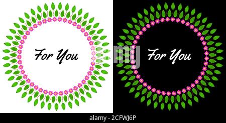 Decorative frame with wreath of green leaves and pink flowers, card template, background, cover against black and background Stock Vector
