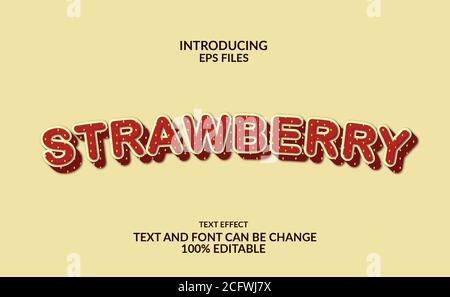 3d bold strong strawberry text effect. Editable font. red fruit color Stock Vector
