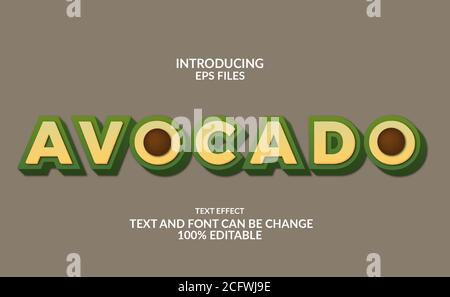 3d avocado fruit editable font and text effect style. green color with brown seed illustration Stock Vector