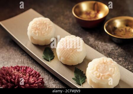 Snowskin or Crystal Skin Mooncake. The new variation of mooncake for Mid-Autumn Festival. Stock Photo