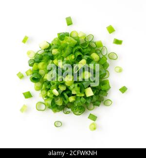 A view from above of the carved green onions on a white background Stock Photo