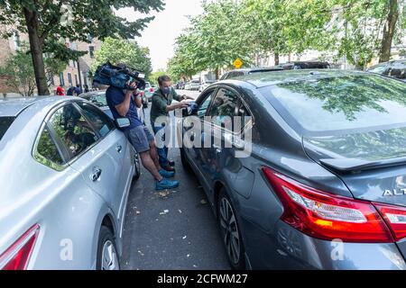 New York, United States. 07th Sep, 2020. Police investigate overnight shooting in Brooklyn and found stray bullet hit the car as video crew interview driver. in Brooklyn New York on September 7, 2020. There were % wounded victims of this shooting and driver of this car found hole on the passenger side made by stray bullet. (Photo by Lev Radin/Sipa USA) Credit: Sipa USA/Alamy Live News Stock Photo