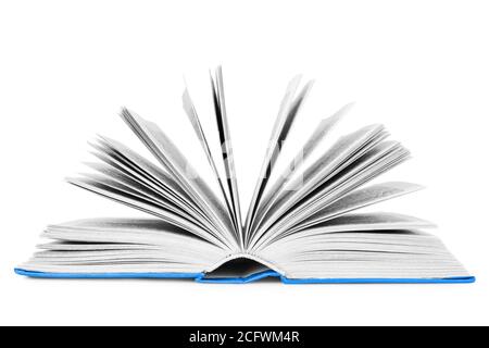 One open paper thick blue book, flipping pages white background isolated close up, hardcover textbook, turning pages, education & knowledge symbol Stock Photo