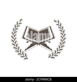 Quran open book emblem. Reading and learning vector icon with wreath. Book on stand award stamp. Graphic illustration isolated open Quran Stock Vector