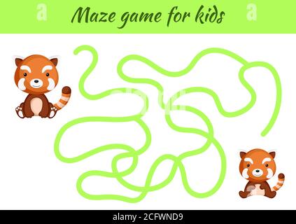 Funny maze or labyrinth game for kids. Help mother find path to baby. Education developing worksheet. Activity page. Cartoon red panda characters. Stock Vector