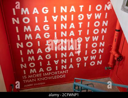 Imagination is more important than knowledge mural painted in the stairwell of PMQ creative hub Aberdeen St Soho, Hong Kong Stock Photo
