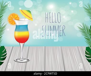 Text hello summer. cocktail on wooden planks. vector illustration Stock Vector