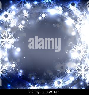 Festive postcard with glowing sparkles and snowflakes on a blurred background with place for text. Vector element for your design Stock Vector