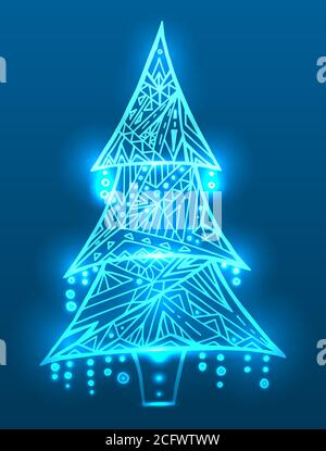 Christmas tree with doodle pattern and sparks. Boho pattern. Vector card for your creativity Stock Vector