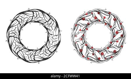 Set of round frames made of branches and berries. Vector element for your creativity Stock Vector