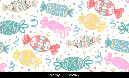 Seamless texture with cartoon multicolored festive candies of various shapes. Vector pattern for your creativity Stock Vector