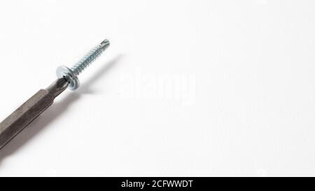 Self-cutters and screwdriver on a white background with space for text. Screw with thread - fasteners for construction, tools and accessories repair Stock Photo