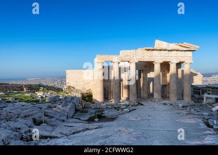 Propylaea in the Acropolis at sunrise, is the monumental gateway to the Acropolis, Athens, Greece Stock Photo