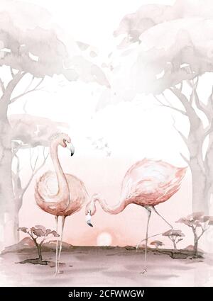Hand drawn watercolor tropical flamingo birds wadding invitation background. Set of African flamingos. Exotic rose bird illustrations, jungle tree Stock Photo