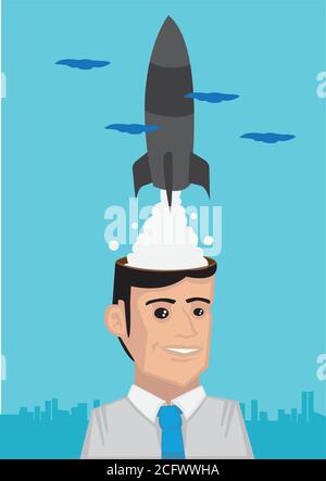 Vector illustration man thinking about a rocket in his head. Concept for great dreams. Stock Vector