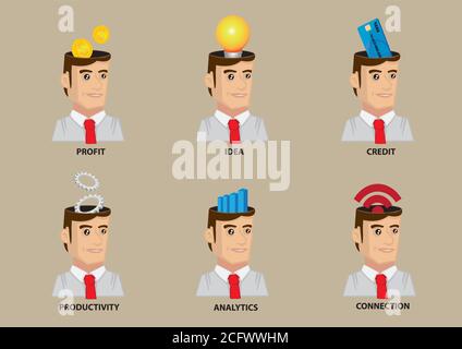 Man wearing white collar shirt and necktie with conceptual symbols in head. Set of six vector character icons isolated on plain background. Stock Vector