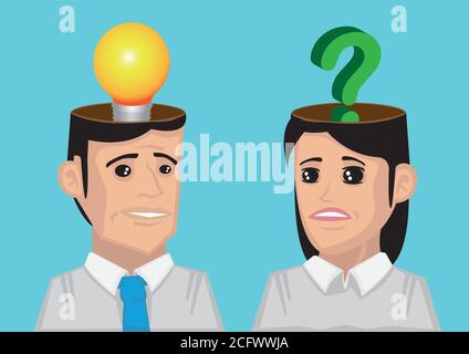 Man with lightbulb in his head and woman with question mark in her head. Conceptual vector illustration for communication breakdown. Stock Vector