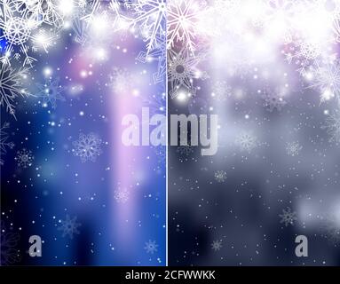 Set of blurred blue and silver Christmas winter backgrounds with sparkles and snowflakes. Vector background for your creativity Stock Vector