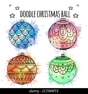 Set of doodle Christmas balls with Boho pattern and watercolor splash. Vector element for your creativity Stock Vector