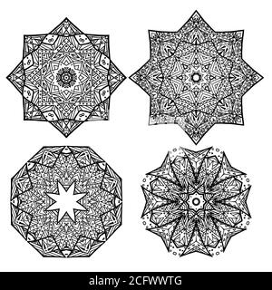 Set of black and white round mandalas snowflakes. Vector element for coloring, sketching tattoos, seals on T-shirts and your design Stock Vector