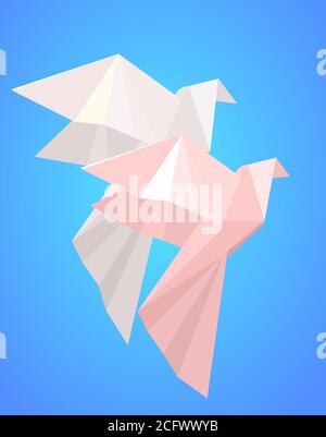 Pair of paper origami doves  with.  Symbol of love. Objects separate from the background. Vector element for your creativity Stock Vector