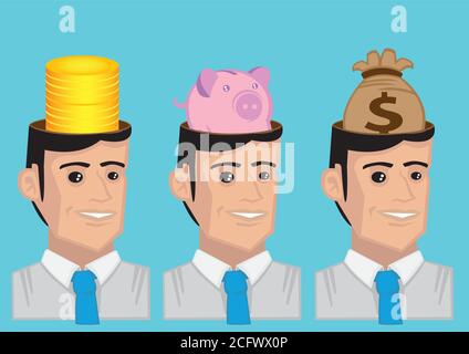 Funny cartoon man wearing necktie and stack of gold coins, piggy bank and bag of money in his head. Vector illustration for metaphor money minded isol Stock Vector