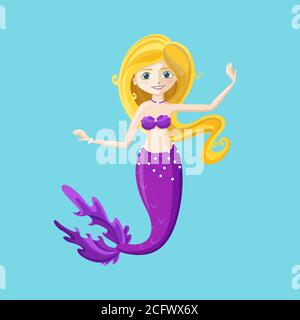 Beautiful fairy mermaid with purple tail. Cute dancing mermaid. Colorful vector illustration in cartoon style. Stock Vector